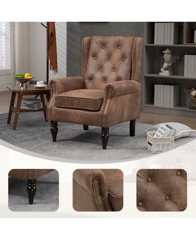 Rainsken Pu Leather Armchair, Vintage Tufted Wingback Chair, Leisure Single Accent Chair with Rivet Decoration for Living Room, Office