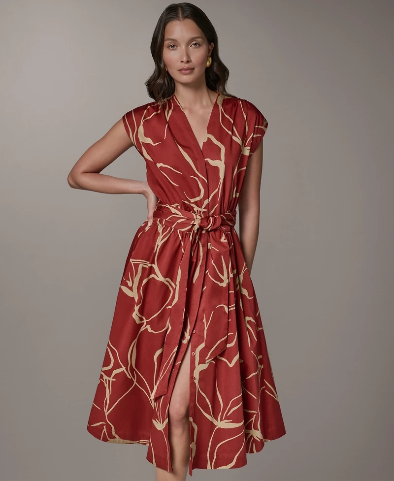 Donna Karan New York Women's Printed Tie Belt V-Neck Midi Dress