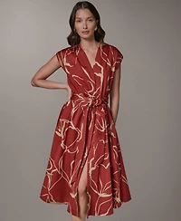 Donna Karan New York Women's Printed Tie Belt V-Neck Midi Dress