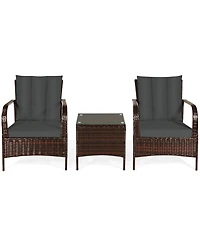 Gymax 3PCS Outdoor Patio Rattan Conversation Set Furniture Set w/ Table Cushions