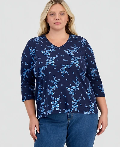 Style & Co Plus Floral-Print 3/4-Sleeve T-Shirt, Macy's Exclusive
