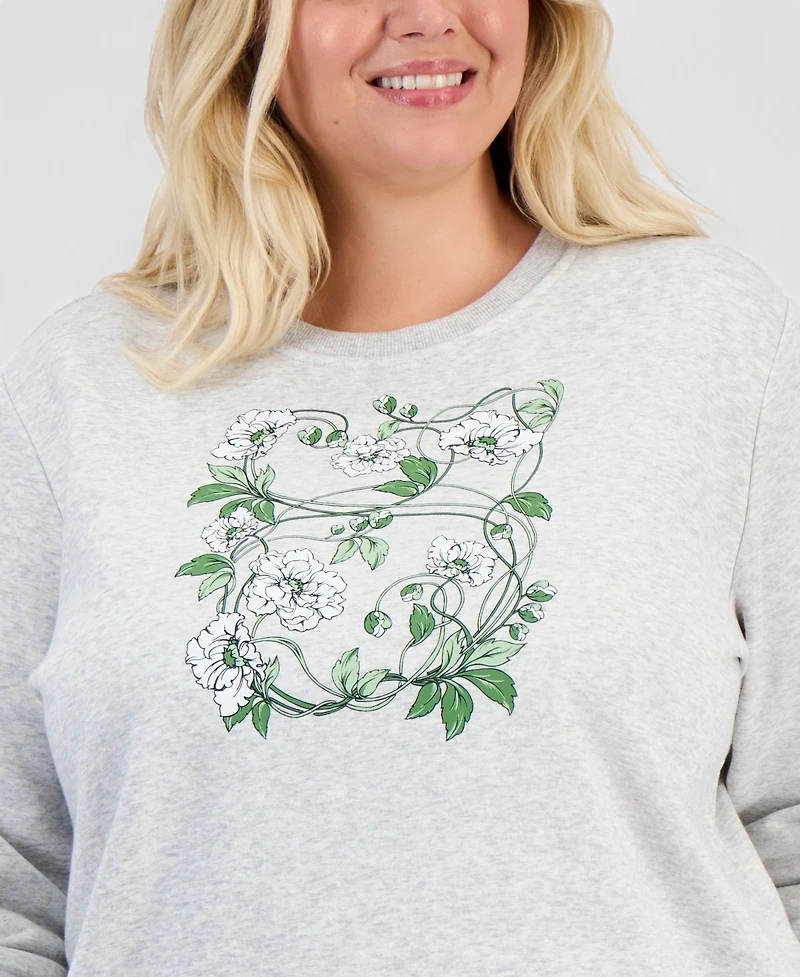 Style & Co Plus Fleece Floral-Print Pullover Sweatshirt, Created for Macy's
