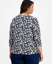 Style & Co Plus Printed 3/4-Sleeve Henley Top, Macy's Exclusive