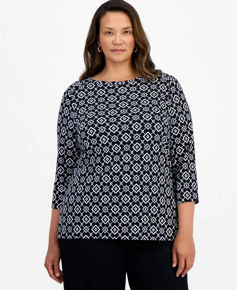 Style & Co Plus Laurel Tile 3/4-Sleeve Geometric Boatneck T-Shirt, Macy's Exclusive