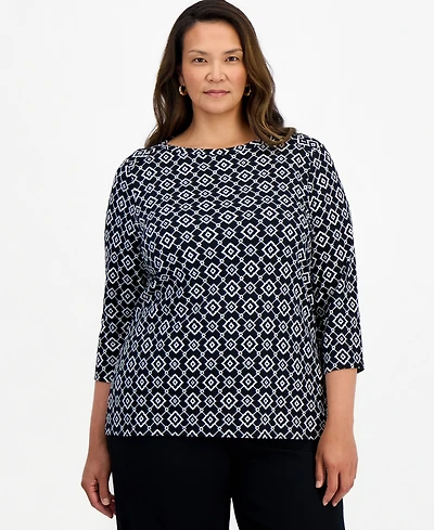 Style & Co Plus Laurel Tile 3/4-Sleeve Geometric Boatneck T-Shirt, Macy's Exclusive