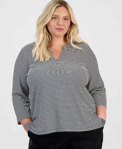 Style & Co Plus Feeder-Stripe 3/4-Sleeve Split-Neck Tunic, Macy's Exclusive