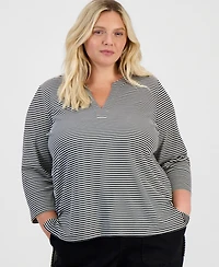 Style & Co Plus Feeder-Stripe 3/4-Sleeve Split-Neck Tunic, Macy's Exclusive