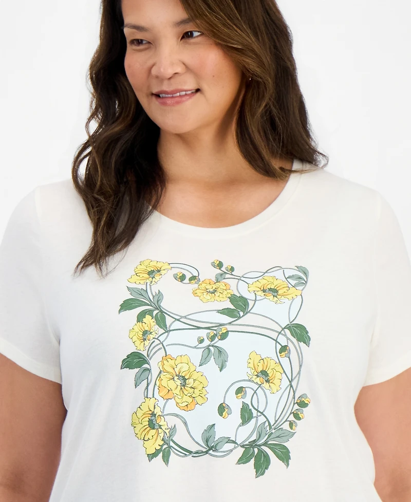 Style & Co Plus Perfect Floral-Print Curved-Hem T-Shirt, Macy's Exclusive