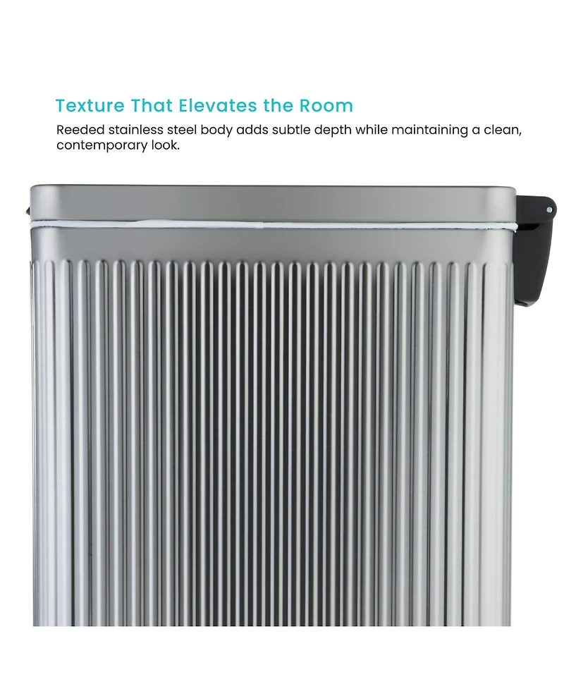 Home Zone Living 12 Gallon Slim Kitchen Trash Can with Step Pedal, Soft-Close Lid and Reeded Stainless Steel Body, Silver