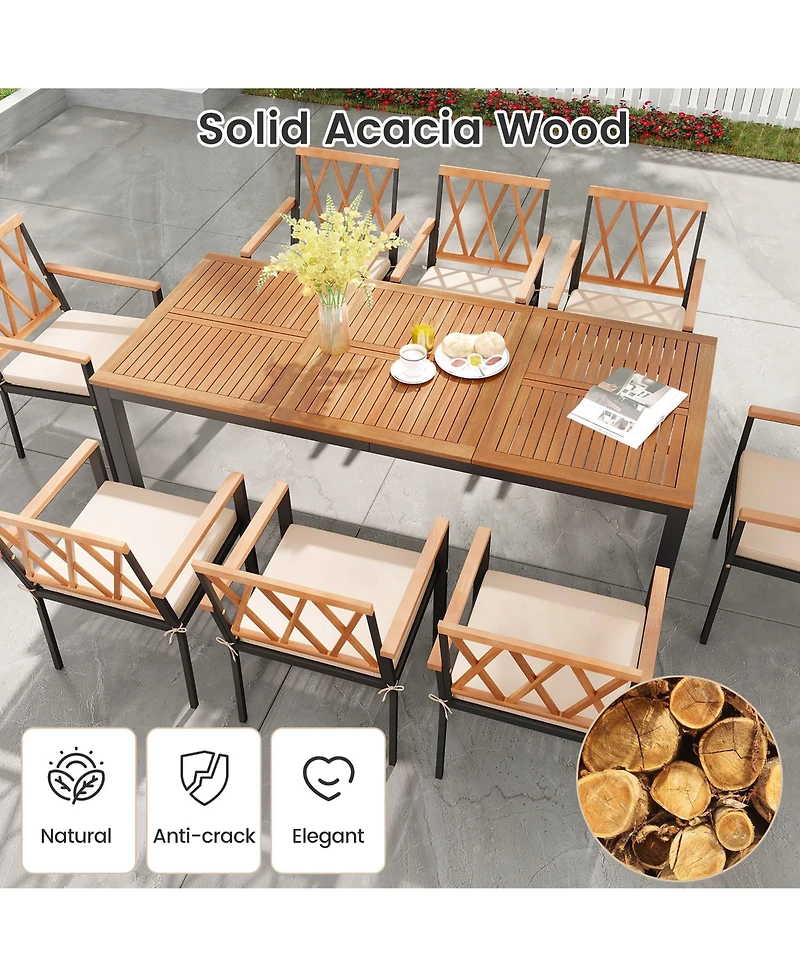 Gymax 9 Pcs Outdoor Dining Table and Chairs Set Table w/ Acacia Wood Top Umbrella Hole