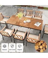 Gymax 9 Pcs Outdoor Dining Table and Chairs Set Table w/ Acacia Wood Top Umbrella Hole
