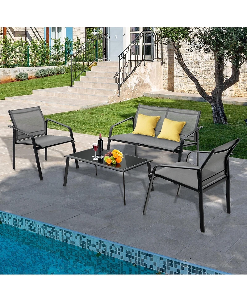 Costway 4 Pcs Patio Furniture Set Loveseat Sofas Armrest Glass Table Deck