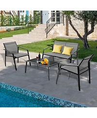 Costway 4 Pcs Patio Furniture Set Loveseat Sofas Armrest Glass Table Deck