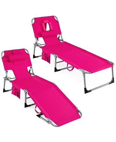 Gymax Set of 2 Tanning Chair with Face and Arm Holes Folding Chaise Lounge Beach Chair w/ Adjustable Backrest