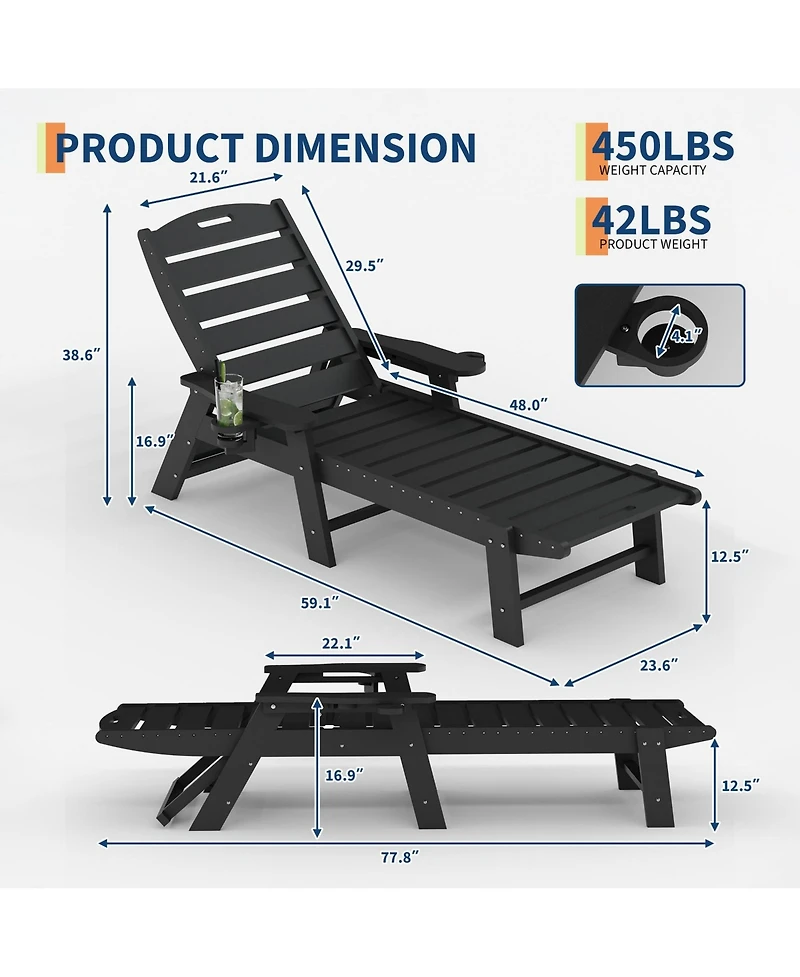 Homfan Hdpe 5-Position Outdoor Chaise Lounge with Cup Holder Set of 2, Resin Pool Lounger for Poolside, Patio, Garden