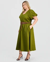 Anne Klein Plus-Size Sateen V-Neck Midi Dress