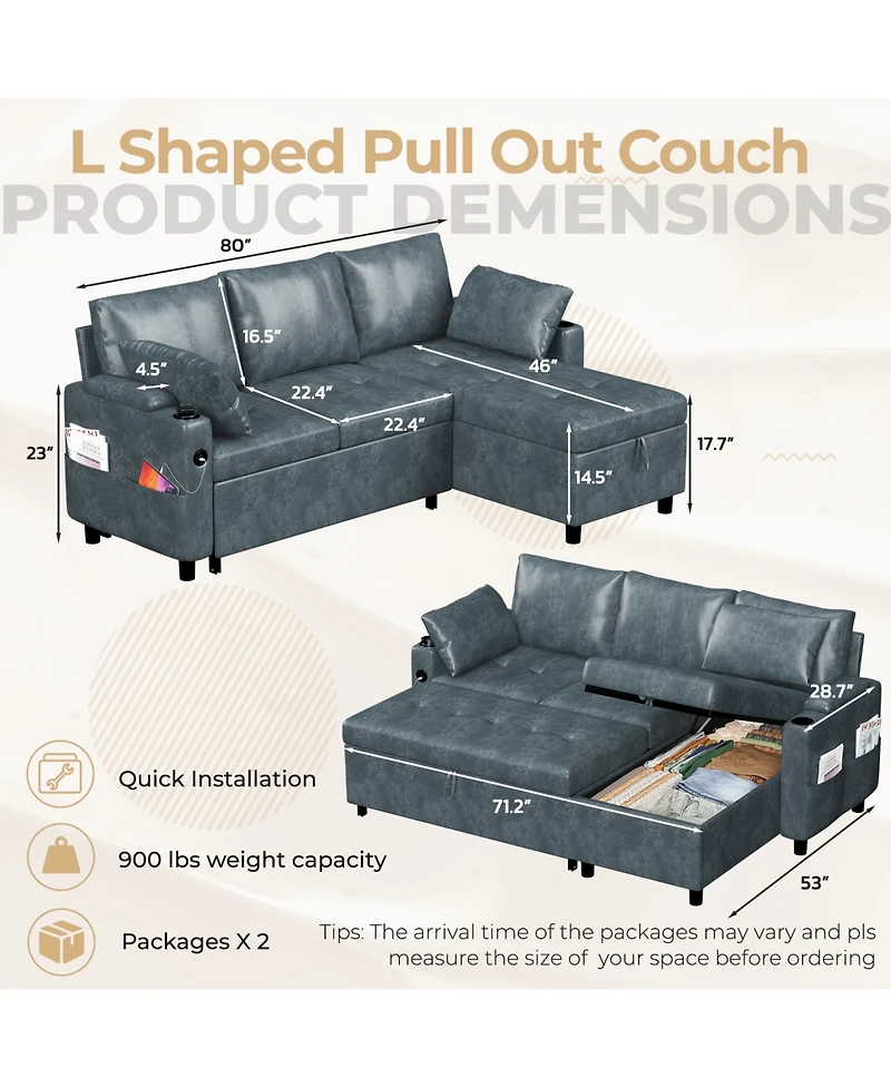Aecojoy Sleeper Sofa Bed, 3-in-1 Pull Out Couch with Reversible Chaise, Leather