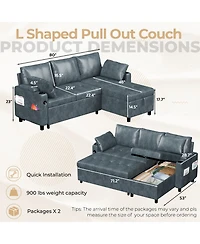 Aecojoy Sleeper Sofa Bed, 3-in-1 Pull Out Couch with Reversible Chaise, Leather