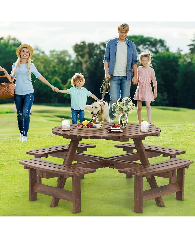 Sugift 8-Person Round Fir Wood Picnic Table Set with Built-in Benches