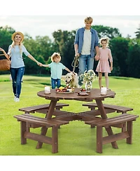 Sugift 8-Person Round Fir Wood Picnic Table Set with Built-in Benches