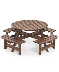 Sugift 8-Person Round Fir Wood Picnic Table Set with Built-in Benches