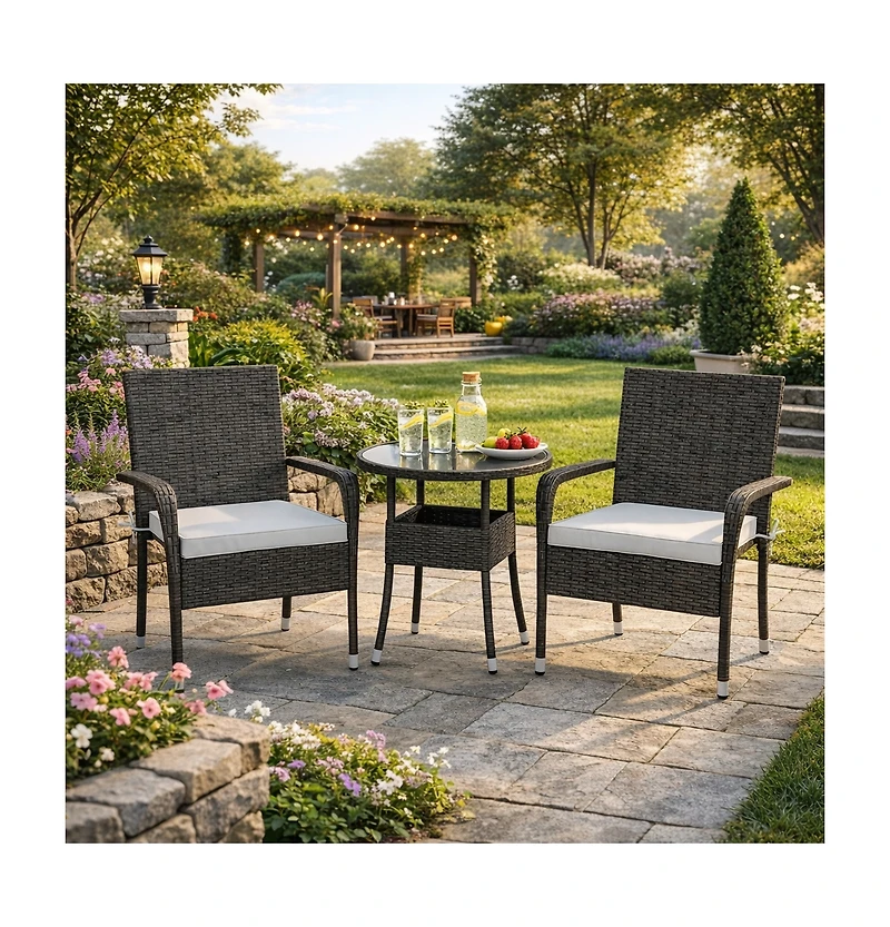 Gouun 3 Piece Patio Furniture Set, Pe Wicker Chairs and Tempered Glass Top Table for Garden