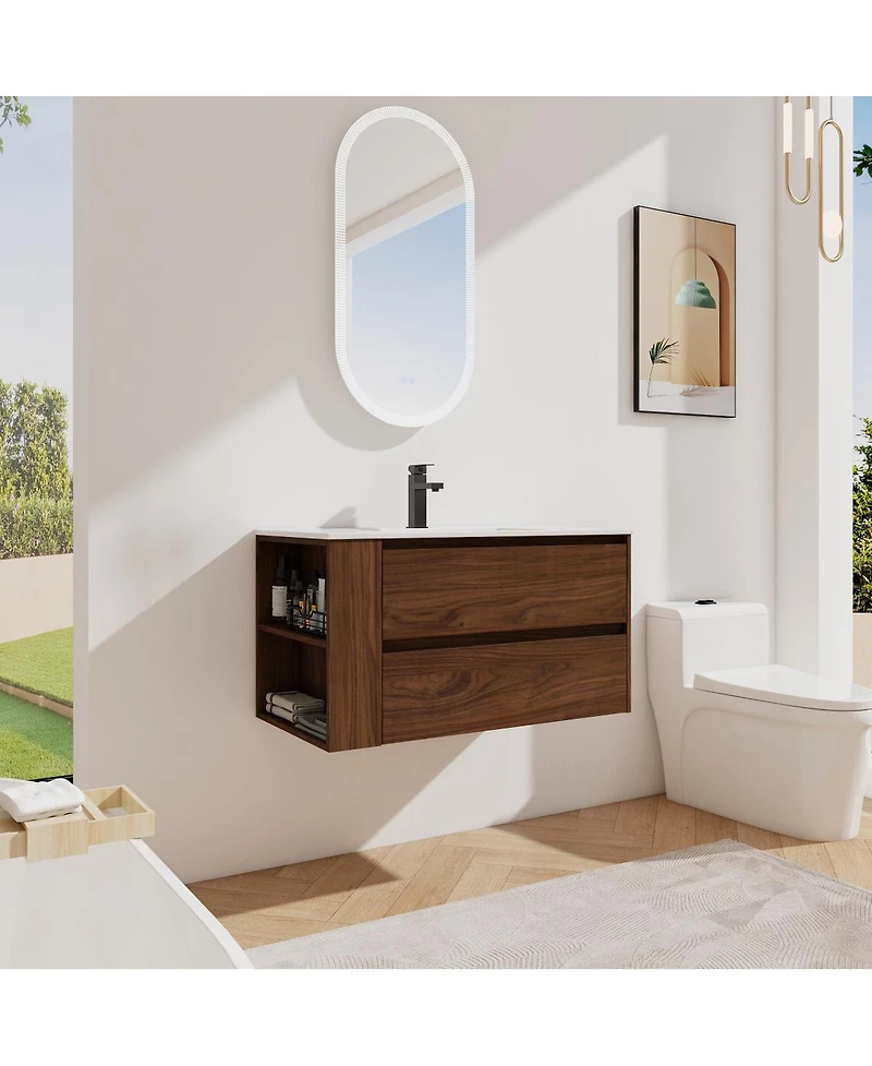 Sillysis Wall Mounted Bathroom Vanity with Ceramic Sink, 2 Soft Close Drawers, Adjustable Shelf for Modern Small Bathroom