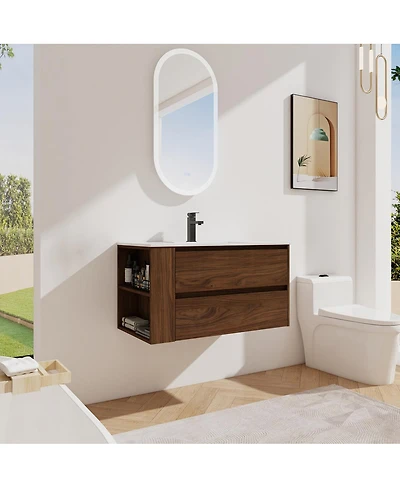 Sillysis Wall Mounted Bathroom Vanity with Ceramic Sink, 2 Soft Close Drawers, Adjustable Shelf for Modern Small Bathroom