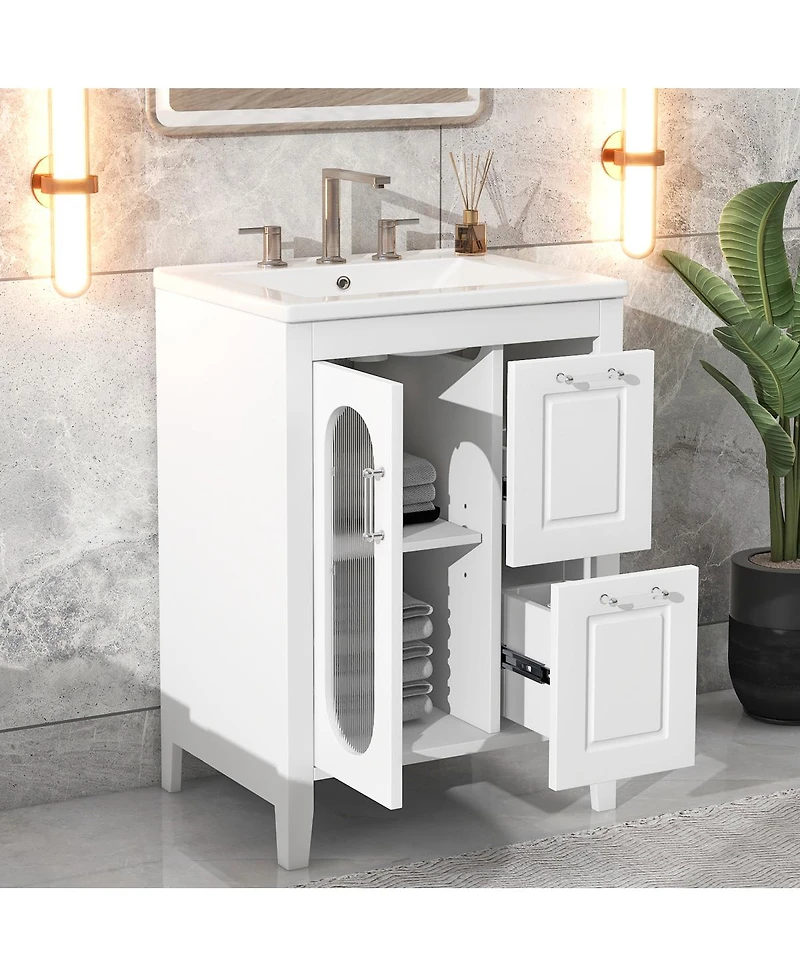 Sillysis Freestanding Bathroom Vanity with Sink, Solid Wood Cabinet, Moru Glass Door, Adjustable Shelf for Small Spaces