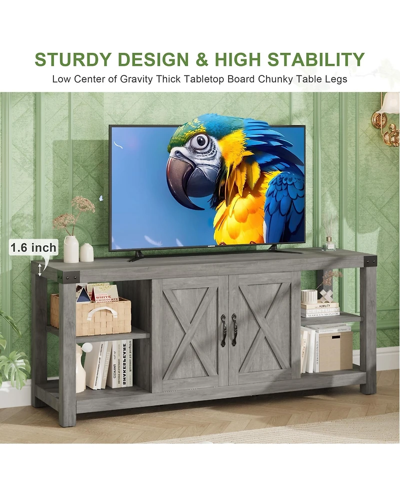 Farmhouse Tv Stand with X-Shaped Metal Frame, Adjustable Shelves and Storage Cabinets