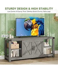 Farmhouse Tv Stand with X-Shaped Metal Frame, Adjustable Shelves and Storage Cabinets