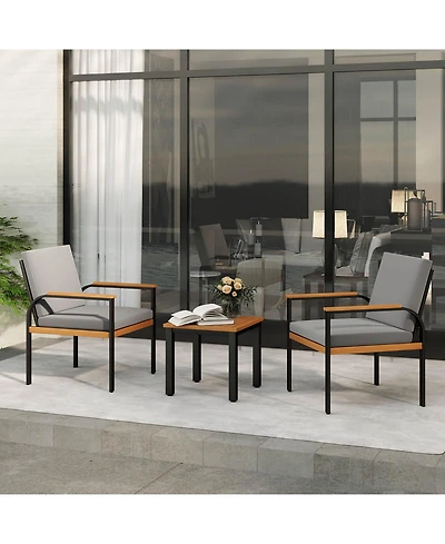 Costway 3 Pcs Patio Furniture Set with Coffee Table Removable Cushions Acacia Wood Armrests