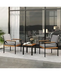 Costway 3 Pcs Patio Furniture Set with Coffee Table Removable Cushions Acacia Wood Armrests
