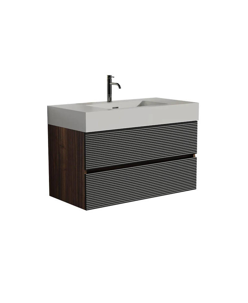 Sillysis Wall Mounted Bathroom Vanity with Glossy Sink, Double Soft Close Drawers, Floating Mid Century Modern Storage