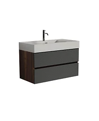 Sillysis Wall Mounted Bathroom Vanity with Glossy Sink, Double Soft Close Drawers, Floating Mid Century Modern Storage