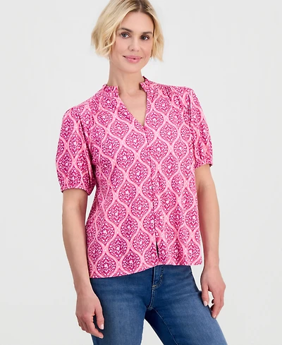 Style & Co Petite Printed Puff-Sleeve Button-Front Top, Macy's Exclusive