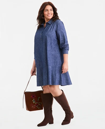 Style & Co Plus Denim Long-Sleeve Peplum Shirt Dress, Macy's Exclusive