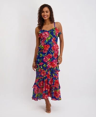 Siena Women's Printed Sweetheart Neck Ruffle Detail Maxi Dress