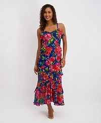 Siena Women's Printed Sweetheart Neck Ruffle Detail Maxi Dress