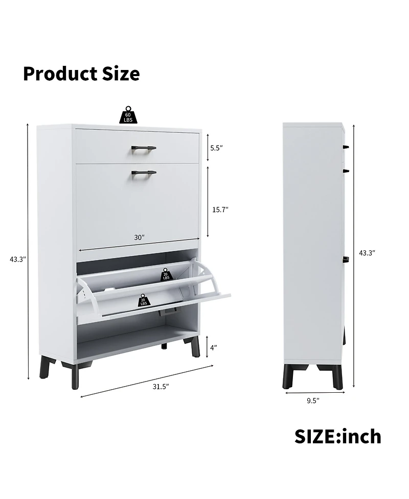 Rainsken Shoe Cabinet, Freestanding Shoe Organizer with 2 Flip Drawers, Hidden Shoe Storage Rack for Doorway, Hallway and Closet