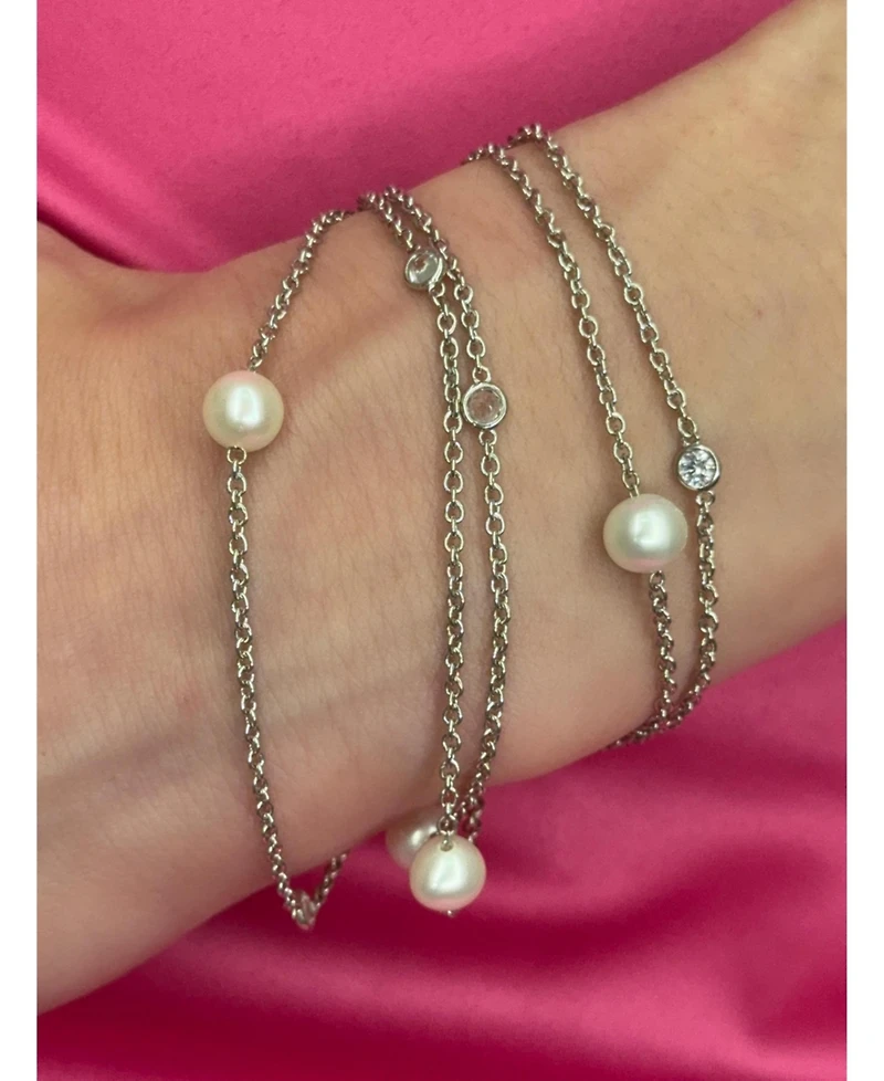 Suzy Levian New York Suzy Levian Sterling Silver Pearl and Cubic Zirconia Station Necklace