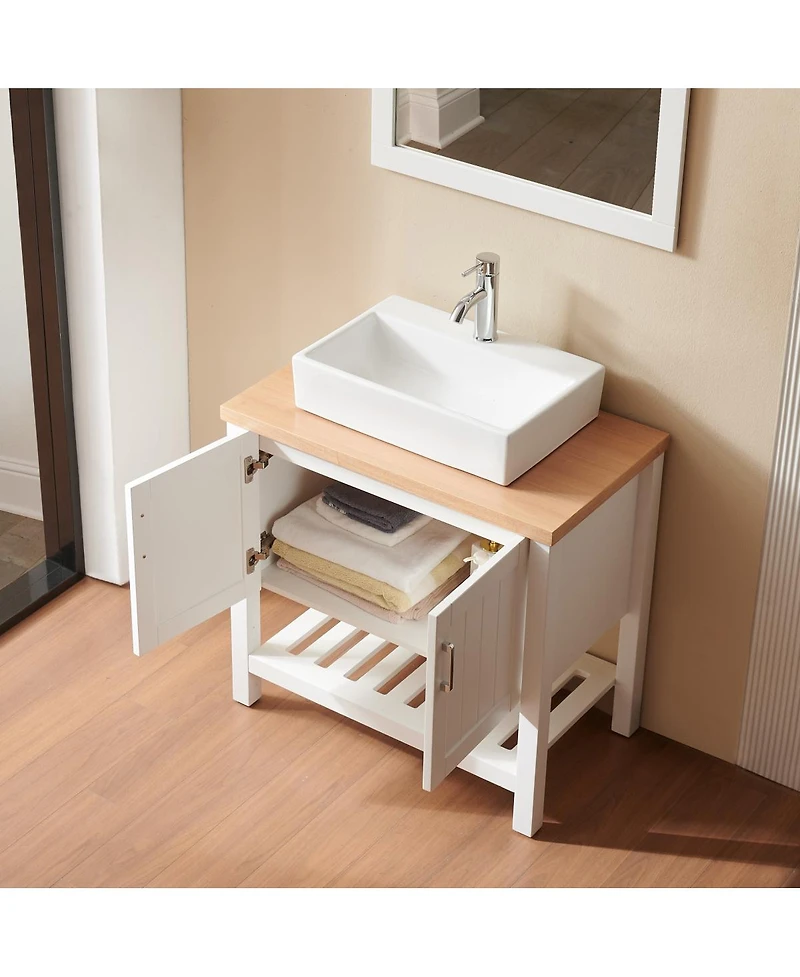 Sillysis Bathroom Vanity with Ceramic Sink, White Solid Wood and Mdf, Open Shelf and Cabinet, Above Counter Sink for Modern Bathrooms