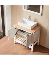 Sillysis Bathroom Vanity with Ceramic Sink, White Solid Wood and Mdf, Open Shelf and Cabinet, Above Counter Sink for Modern Bathrooms
