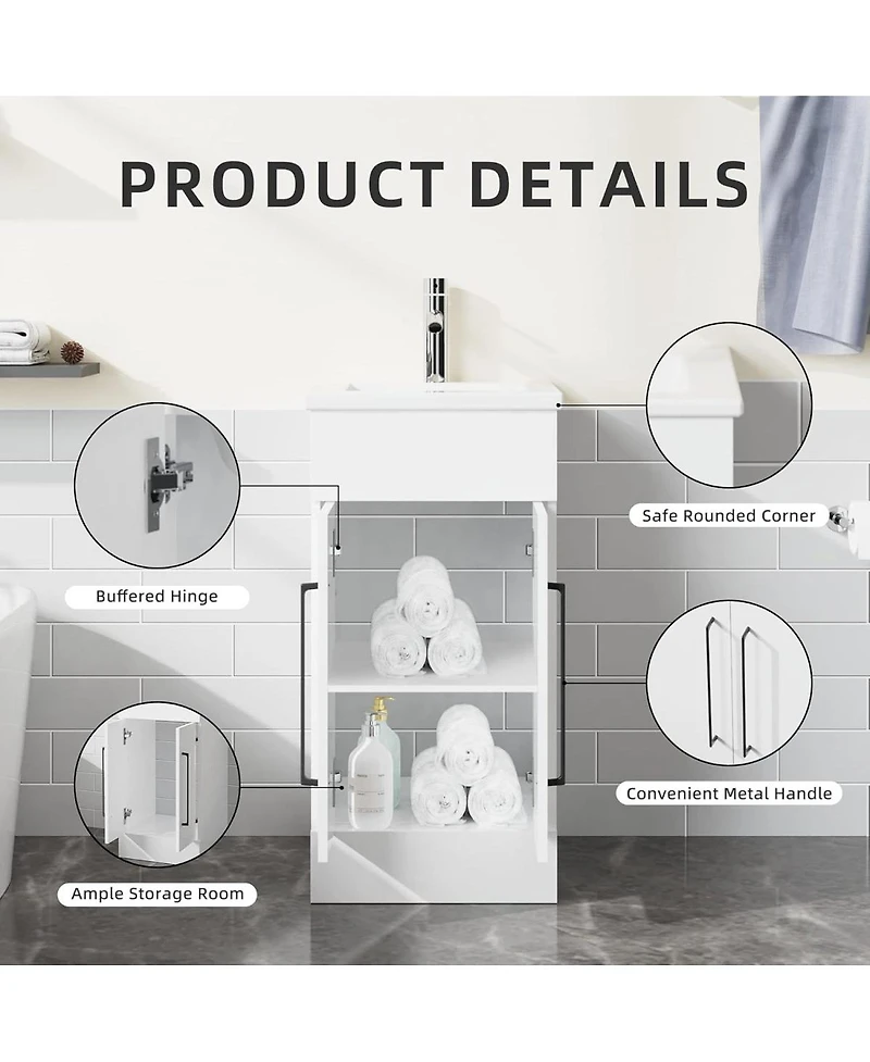 Sillysis White Freestanding Bathroom Vanity with Sink, Soft Close 2-Door Storage Cabinet for Small Modern Bathroom
