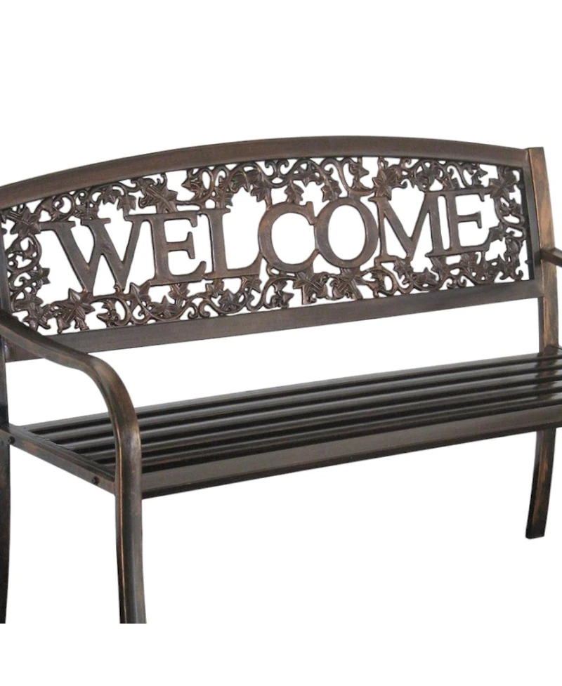 Floral Back Metal Patio Bench – Outdoor Weather-Resistant Garden Seat with Welcome Design