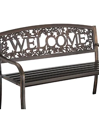 Floral Back Metal Patio Bench – Outdoor Weather-Resistant Garden Seat with Welcome Design
