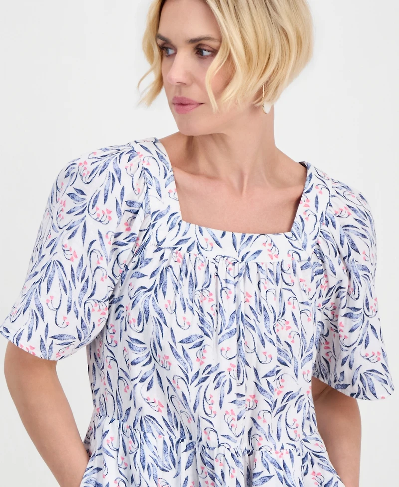 Style & Co Petite Printed Square-Neck Short-Sleeve Cotton Dress, Macy's Exclusive