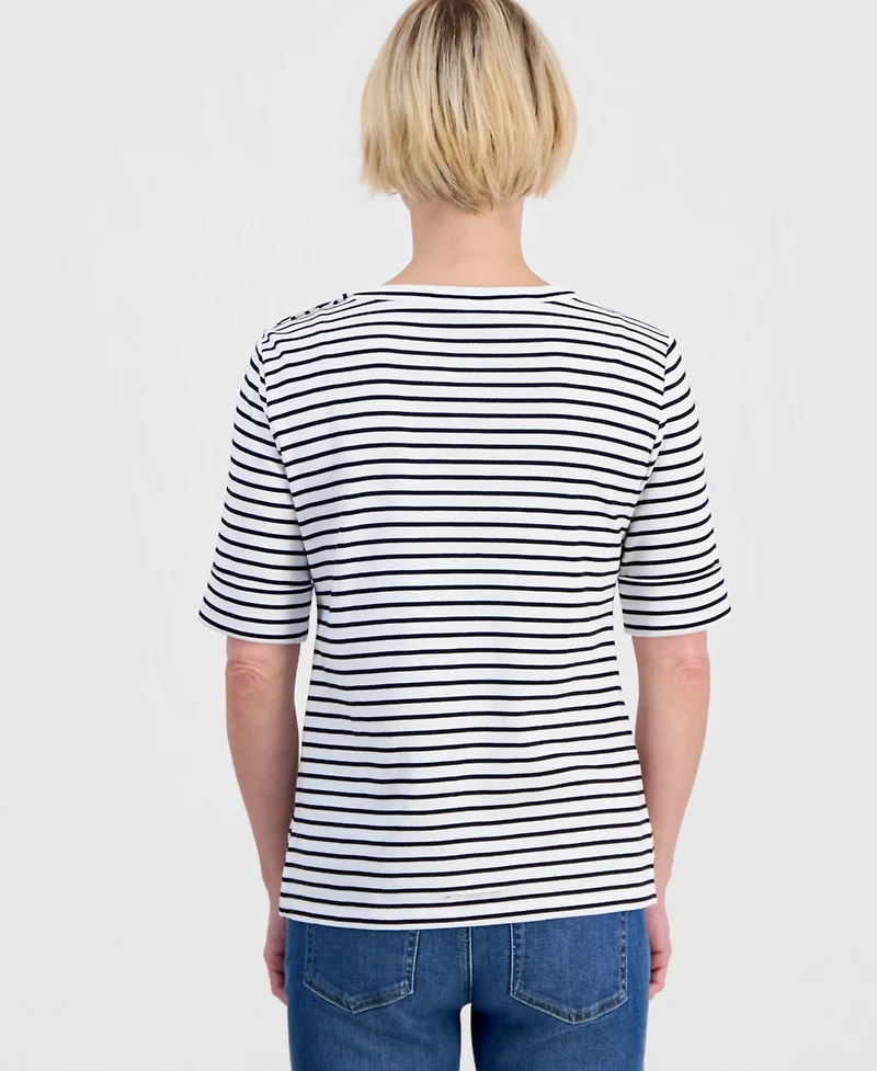 Style & Co Petite Cotton Striped Asymmetric-Button Top, Macy's Exclusive
