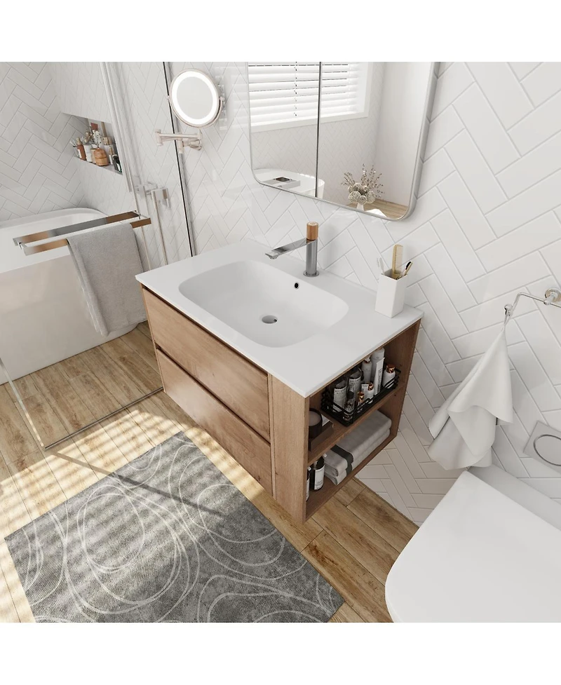 Sillysis Wall Mounted Bathroom Vanity with Gel Sink, Soft Close Drawers, Adjustable Side Shelf for Small