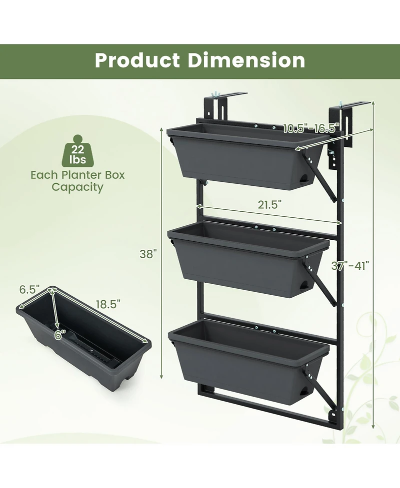 Slickblue Hanging Vertical Planter Wall-mounted Adjustable with Detachable Hooks-Black